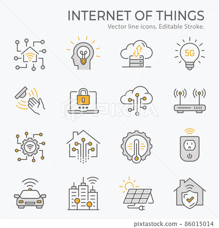 Internet of things icons, such as artificial intelligence, sensor, energy, tech and more. Vector illustration isolated on white. Editable stroke. 86015014