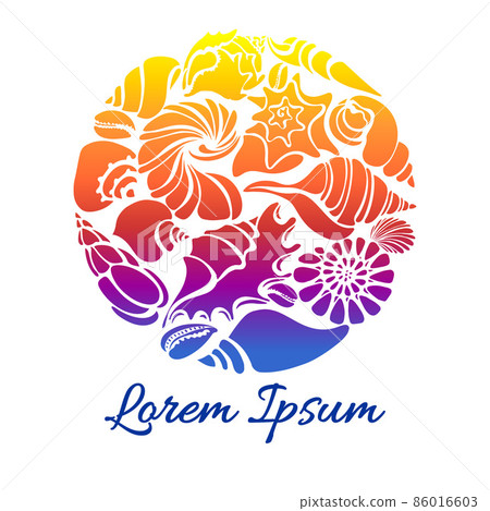 Symbol of silhouettes of sea shells in circle. Rainbow color set of undersea world. Vector 86016603