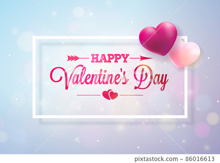 Happy Valentines Day Design with Red and White Heart, Frame and Typography Letter on Shiny Light Background. Vector Wedding and Romantic Love Valentine Theme Illustration for Flyer, Greeting Card 86016613