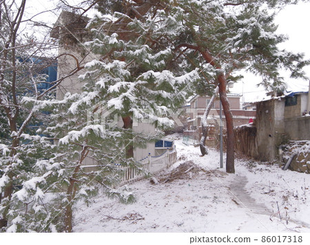 Jeongneunggol。重建。胡同。雪路。雪。 86017318