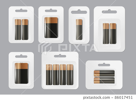 Realistic alkaline battery size packages mockup design. Electric battery packaging mockup set - realistic cell energy batteries Realistic alkaline battery size packages mockup design. Electric battery packaging mockup set - realistic cell energy batteries 86017451