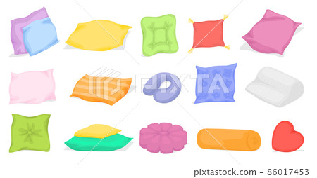 Multi colored pillow flat cartoon set. Home interior textile. Sofa bed sleep pillows mockup template. Classic feather, bamboo eco fabric. Isolated on white vector illustration Multi colored pillow flat cartoon set. Home interior textile. Sofa bed sleep pillows mockup template. Classic feather, bamboo eco fabric. Isolated on white vector illustration 86017453