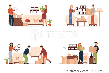 People moving into a new house with things. Set of people moving or leaving their homes and offices. Family couples pack belongings and relocating to new apartments. 86017456