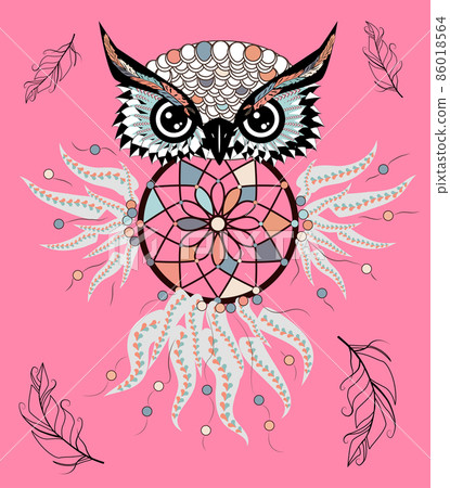 hand drawn Detailed ornate Owl with dream catcher in zentangle style. banner invitation card t-shirt bag postcard poster 86018564
