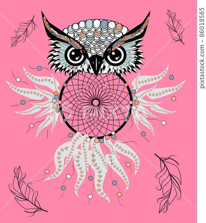 hand drawn Detailed ornate Owl with dream catcher in zentangle style. banner invitation card t-shirt bag postcard poster 86018565
