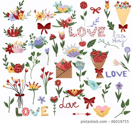 Big set flowers, leaves, Love, bouquet flowers, envelope with flowers. Wedding concept and St. Valentine's day. Colorful Cute illustration isolated a white background. Flat icon set. Vector Big set flowers, leaves, Love, bouquet flowers, envelope with flowers. Wedding concept and St. Valentine's day. Colorful Cute illustration isolated a white background. Flat icon set. Vector 86019755