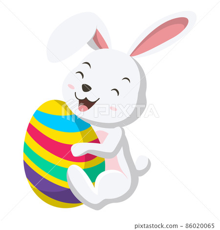 Cute little white bunny holding Easter egg 86020065