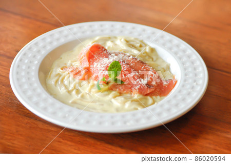 salmon spaghetti or smoked salmon spaghetti, smoked salmon pasta. salmon spaghetti or smoked salmon spaghetti, smoked salmon pasta. 86020594