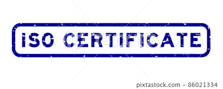 Grunge blue ISO certificate word square rubber seal stamp on white background 86021334