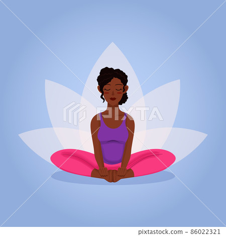 Dark skin young girl training yoga asana bhadrasana for wellness sitting on floor with lotous background Dark skin young girl training yoga asana bhadrasana for wellness sitting on floor with lotous background 86022321