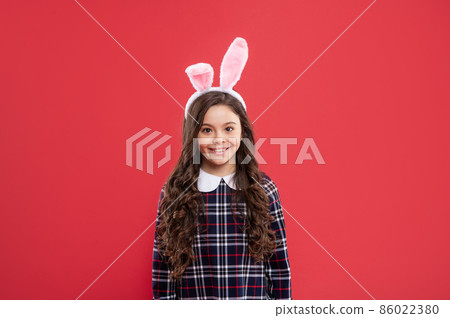 happy child girl in easter bunny ears having fun, happy easter happy child girl in easter bunny ears having fun, happy easter 86022380