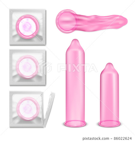 Set of vector illustrations of pink latex condoms in packing and without. 86022624