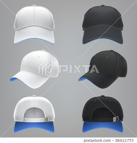 Vector realistic illustration of a white and black textile baseball cap front, back and side view Vector realistic illustration of a white and black textile baseball cap front, back and side view 86022755