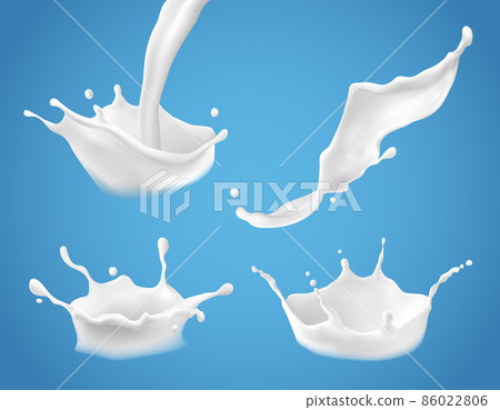 Set of 3D vector milk splash and pouring, realistic natural dairy products, yogurt or cream 86022806