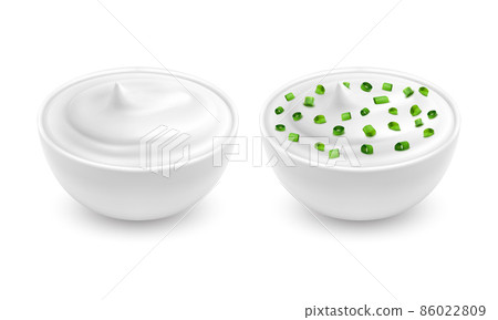 Vector illustration of a realistic style white bowl with sour cream, yogurt with sliced green onions Vector illustration of a realistic style white bowl with sour cream, yogurt with sliced green onions 86022809