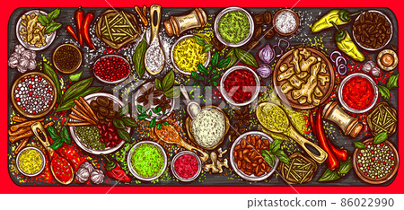Vector illustration of a variety of spices and herbs on a wooden background 86022990