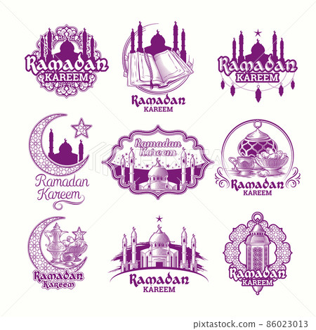 Set vector purple illustrations, sign for Ramadan Kareem with lantern, towers of mosque, crescent Set vector purple illustrations, sign for Ramadan Kareem with lantern, towers of mosque, crescent 86023013