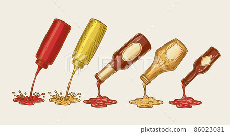 Vector illustration of an engraving style set of different sauces are poured from bottles Vector illustration of an engraving style set of different sauces are poured from bottles 86023081