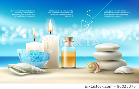 Vector illustration for spa treatments with aromatic salt , massage oil, candles. 86023376