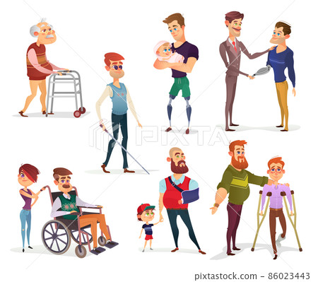 Set of vector cartoon illustrations of people with disabilities isolated on white. 86023443
