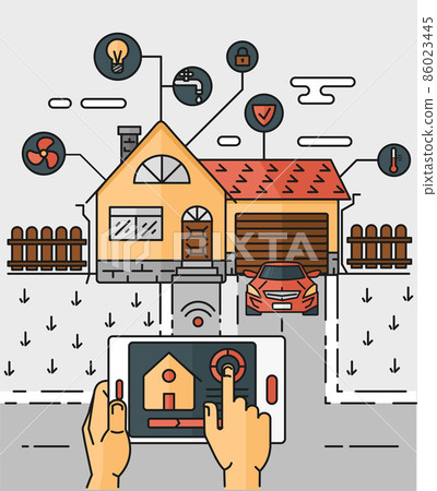 Vector line art abstract illustration smart home, controlling through internet home work equipment. Vector line art abstract illustration smart home, controlling through internet home work equipment. 86023445