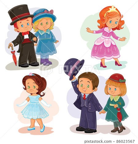 Set clip art illustrations with young children in historical costumes 86023567