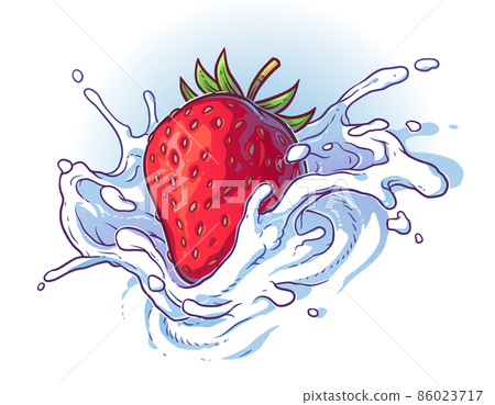 Delicious fresh strawberry falling into cream or milk. 86023717