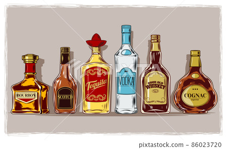 Vector set of bottles with alcohol and stemware 86023720
