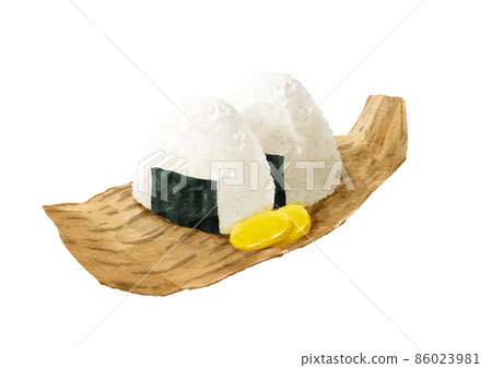 A watercolor-style illustration of a delicious rice ball on a bamboo skin 86023981