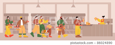 People in face masks standing in queue in shop People in face masks standing in queue in shop 86024890