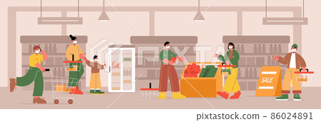 People in face masks with baskets in supermarket People in face masks with baskets in supermarket 86024891