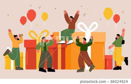 Birthday party with happy people and gift boxes 86024924