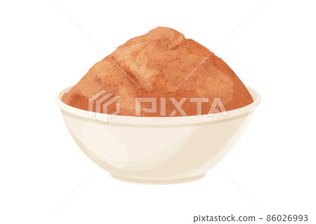 Sandalwood, chandan powder in bowl ingredient in cartoon style isolated on white background. Dried wood, medical material. 86026993