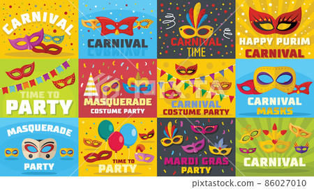Carnival mask banner concept set, flat style Carnival mask banner concept set, flat style 86027010