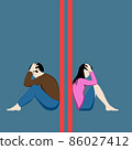 Woman, man and two line pregnancy test. 86027412