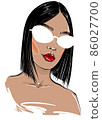 Hand-drawn fashion illustration of African American woman's face. Beauty art of girl with fashionable sunglasses. Portrait of a girl in retro glasses. Fashion portrait of a woman on a white background 86027700