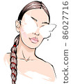 Hand-drawn fashion illustration of woman's face on white background. Beauty art of girl with natural makeup and fashion sunglasses. 86027716