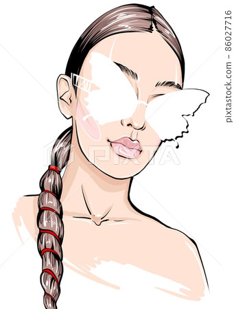Hand-drawn fashion illustration of woman's face on white background. Beauty art of girl with natural makeup and fashion sunglasses. 86027716