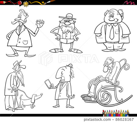 老者圖 cartoon seniors characters set coloring book page-插圖素材