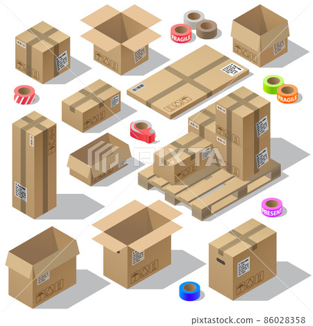 Vector 3d isometric set of cardboard packaging Vector 3d isometric set of cardboard packaging 86028358