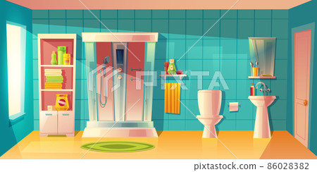 Vector bathroom interior, shower cabin and washbasin 86028382