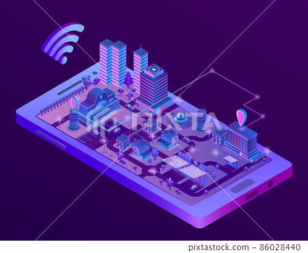 Vector isometric smart city on smartphone screen 86028440
