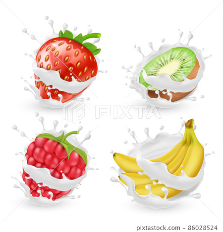 Vector set of fruits and berries in milk splashes Vector set of fruits and berries in milk splashes 86028524