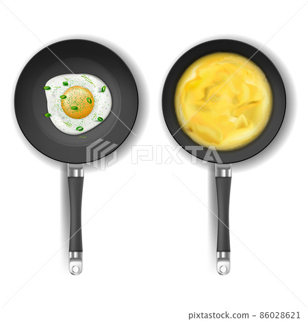 Vector set with two frying pans and fried eggs 86028621