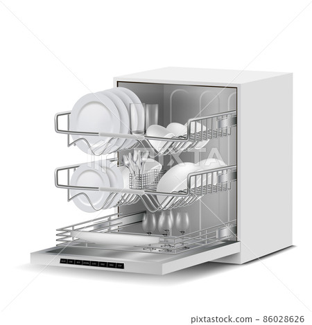 Vector realistic dishwasher machine with dishes 86028626