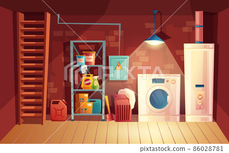 Vector cellar interior, cartoon laundry in basement Vector cellar interior, cartoon laundry in basement 86028781