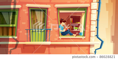 Vector illustration of girl reading the book on the window of multistorey apartment, building outside concept, cityscape Vector illustration of girl reading the book on the window of multistorey apartment, building outside concept, cityscape 86028821