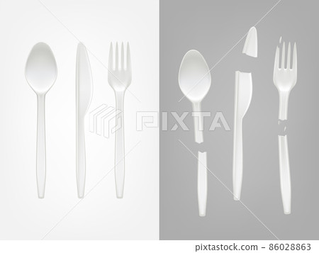 Vector 3d realistic disposable plastic spoon, fork, knife and broken cutlery Vector 3d realistic disposable plastic spoon, fork, knife and broken cutlery 86028863