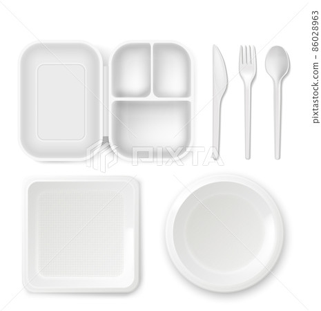 Disposable plastic dishware vector illustration of 3D realistic lunchbox plate and cutlery spoon, knife or fork isolated icons Disposable plastic dishware vector illustration of 3D realistic lunchbox plate and cutlery spoon, knife or fork isolated icons 86028963