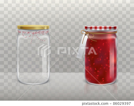 A set of vector illustrations of glass round jars with raspberry jam and empty closed lid and bandaged with twine and label. 86029397